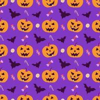 citrouilles en colère avec des bonbons et des chauves-souris, motif vectoriel sans couture pour halloween dans un style dessiné à la main sur fond violet