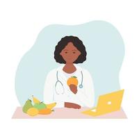 concept de médecin nutritionniste avec des fruits frais. une diététicienne afro-américaine recommande une alimentation saine. illustration vectorielle dans un style plat vecteur