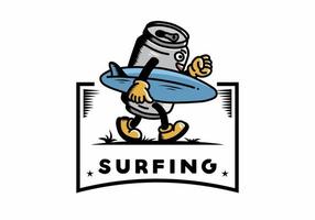 illustration d'une canette de boisson tenant une planche de surf vecteur