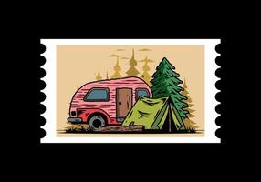 camping-car en forme de larme et tente devant une illustration de pin vecteur