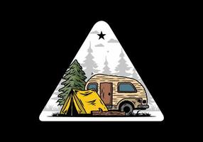 camping-car en forme de larme et tente devant une illustration de pin vecteur