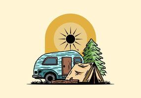 camping-car en forme de larme et tente devant une illustration de pin vecteur