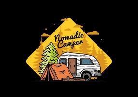 camping-car en forme de larme et tente devant une illustration de pin vecteur