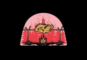 griller du poulet sur la conception d'illustration de feu de joie vecteur