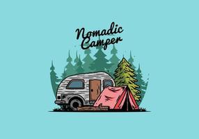 camping-car en forme de larme et tente devant une illustration de pin vecteur