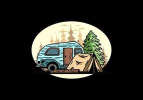 camping-car en forme de larme et tente devant une illustration de pin vecteur