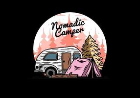 camping-car en forme de larme et tente devant une illustration de pin vecteur