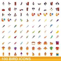 Ensemble de 100 icônes d'oiseaux, style dessin animé vecteur