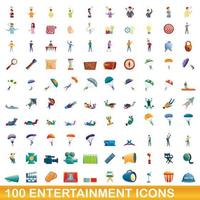 Ensemble de 100 icônes de divertissement, style dessin animé vecteur