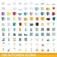 Ensemble de 100 icônes de cuisine, style dessin animé vecteur