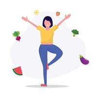 femme faisant du yoga dans la rue. concept de marathon de remise en forme, bonne nutrition, alimentation saine, gestion du poids, beau corps, légumes, minceur. illustration vectorielle au design plat vecteur