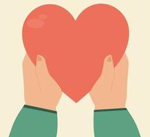 deux mains humaines tiennent un grand coeur en signe d'amour à la saint valentin. concept d'amour de couple, de philanthropie, de charité et de don. illustration vectorielle vecteur