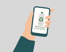 la grande main tient un smartphone avec une page d'application de recyclage des bouteilles en plastique sur l'écran du mobile. jour de la terre, protection de l'environnement, gestion du recyclage des déchets et concept de protection de la planète. stock de vecteur