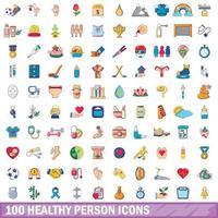 Ensemble de 100 icônes de personne en bonne santé, style cartoon vecteur