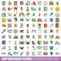 Ensemble de 100 icônes d'enseignement, style dessin animé vecteur