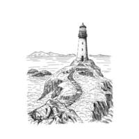 phare. illustration dessinée à la main convertie en vecteur. vecteur d'illustration de croquis de paysage graphique de la côte de la mer.
