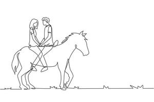 une ligne continue dessinant un couple à cheval face à face au coucher du soleil. homme heureux faisant une proposition de mariage à une femme. fiançailles et relation amoureuse. illustration graphique vectorielle de conception de dessin à une seule ligne vecteur