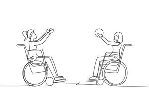 une seule ligne dessinant une joyeuse jeune femme handicapée en fauteuil roulant jouant au basket-ball. concept de sports adaptés pour les personnes handicapées. illustration vectorielle graphique de conception de ligne continue moderne vecteur