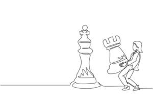 une seule ligne dessinant une femme d'affaires tenant une pièce d'échecs tour pour battre le roi des échecs. planification stratégique, stratégie de développement des affaires, tactiques en entrepreneuriat. vecteur de conception de dessin en ligne continue