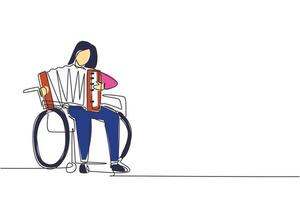 dessin d'une seule ligne handicapée belle femme en fauteuil roulant jouant de la musique d'accordéon. handicapé. personne à l'hôpital. patient du centre de rééducation. vecteur de conception de dessin en ligne continue