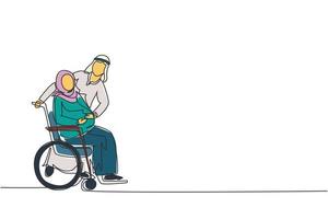 continu une ligne dessinant un homme arabe touchant le ventre d'une femme enceinte handicapée assise sur un fauteuil roulant. relations familiales heureuses, grossesse, personnes aimantes en attente de bébé. vecteur de conception de dessin à une seule ligne