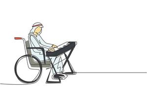 dessin en ligne continue unique claviériste masculin arabe assis en fauteuil roulant jouant du clavier électrique, chanter la chanson. handicapé. centre de réhabilitation. une ligne dessiner illustration vectorielle de conception graphique vecteur
