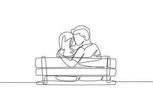 un seul dessin au trait couple doux s'embrasser assis sur un banc dans un paysage romantique de parc. bonheur gars et fille relation amoureuse. illustration vectorielle graphique de conception de ligne continue moderne vecteur