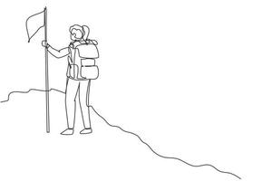 une ligne continue dessinant une jeune fille avec un sac à dos debout au sommet de la montagne, une grimpeuse a atteint le sommet, l'aventure des vacances d'été. illustration graphique vectorielle de conception de dessin à une seule ligne vecteur