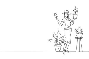 une seule ligne dessinant une femme jardinière, fleuriste travaillant dans le jardin botanique, la cour de la maison, plantant des fleurs, tenant une petite pelle. support, plante en pots. ligne continue dessiner illustration vectorielle de conception vecteur