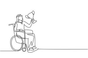 un seul dessin au trait un homme arabe heureux en fauteuil roulant tient le podium du vainqueur du trophée de la coupe d'or. handicapé. compétition de jeu de tournoi, entraînement sportif. vecteur de conception de dessin en ligne continue