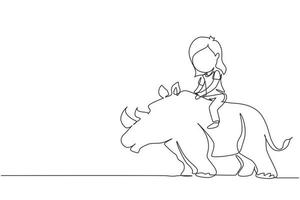 une seule ligne dessinant une fille heureuse à cheval rhinocéros rhinocéros. enfant assis sur le dos du rhinocéros au zoo. enfants apprenant à monter sur des rhinocéros. illustration vectorielle graphique de conception de ligne continue moderne vecteur