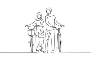 une seule ligne continue dessinant des cyclistes marchant sur une route forestière avec leurs vélos le jour d'été. jeune homme arabe et femme amoureuse. heureux couple marié romantique. une ligne dessiner vecteur de conception graphique