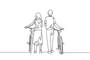 dessin en ligne continue unique vue arrière couple homme et femme marchant avec vélo. jeune garçon et fille amoureux. heureux couple marié romantique. une ligne dessiner illustration vectorielle de conception graphique vecteur