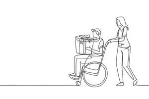 une ligne continue dessinant une jeune femme et un homme handicapé en fauteuil roulant. femme shopping et donner une boîte-cadeau à l'homme. réadaptation en cas d'invalidité, assistance aux personnes invalides. vecteur de conception de dessin à une seule ligne