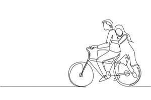 une ligne continue dessinant un couple arabe romantique à vélo ensemble. concept de famille romantique heureuse. l'intimité célèbre l'anniversaire de mariage. illustration graphique vectorielle de conception de dessin à une seule ligne vecteur