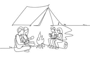 une ligne continue dessinant un camping familial touristique avec feu de camp et buvant du thé chaud. enfants assis sur des bûches. papa joue de la guitare et s'assoit par terre avec maman. illustration vectorielle de dessin à une seule ligne vecteur