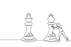 une seule ligne dessinant une femme d'affaires arabe pousse une énorme pièce d'échecs du roi. stratégie commerciale et plan marketing. mouvement stratégique dans le concept d'entreprise. illustration vectorielle graphique de conception de dessin en ligne continue vecteur