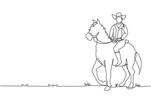 une seule ligne continue dessinant un cow-boy à cheval debout dans le désert. homme avec un chapeau de cow-boy à cheval. les hommes seniors posent élégance à cheval. dynamique une ligne dessiner illustration vectorielle de conception graphique vecteur