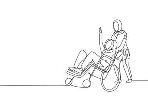 une seule ligne continue dessinant une jeune volontaire arabe aide une vieille femme handicapée, à monter sur un fauteuil roulant dans le parc. soins familiaux, bénévolat, soins aux personnes handicapées. une ligne dessiner illustration vectorielle de conception vecteur