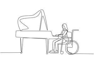 dessin continu d'une ligne handicapée belle femme en fauteuil roulant jouant du piano en concert. handicap et musique classique. handicapé. illustration graphique vectorielle de conception de dessin à une seule ligne vecteur