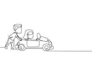 une ligne continue dessinant un garçon pousse la voiture de son ami sur la route. garçon et fille jouent ensemble avec une grosse voiture de jouet. les enfants s'amusent avec dans la cour. illustration graphique vectorielle de conception à une seule ligne vecteur