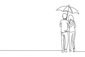 une ligne continue dessinant un couple d'amoureux sous la pluie. couple amoureux marchant sous la pluie avec parapluie. un homme et une femme heureux marchent le long de la rue de la ville. graphique vectoriel de conception de dessin à une seule ligne