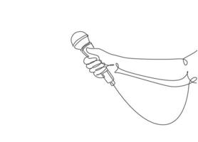 une seule ligne continue dessinant une main féminine avec microphone, sur fond blanc. reporter de nouvelles télévisées tenant un microphone dans sa main. dynamique une ligne dessiner illustration vectorielle de conception graphique vecteur