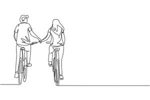 une seule ligne dessinant un couple heureux faire du vélo dans le pré vers la caméra et se tenir la main. jeune homme et femme amoureux. heureux couple marié romantique. vecteur graphique de conception de dessin en ligne continue
