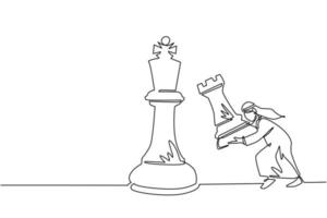 dessin en ligne continue unique homme d'affaires arabe tenant une pièce d'échecs tour pour battre le roi des échecs. planification stratégique, stratégie de développement des affaires, tactiques en entrepreneuriat. vecteur de conception de dessin d'une ligne