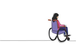 une seule ligne dessinant le dos d'une vieille femme solitaire assise sur un fauteuil roulant et regardant des feuilles d'automne sèches éloignées à l'extérieur. solitaire, abandonné, désolé, solitaire. vecteur de conception de dessin en ligne continue