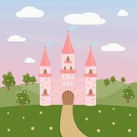 château rose de conte de fées pour la princesse, sur un pré vert. vecteur