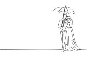 dessin continu d'une ligne couple marié homme femme, fille et garçon marchant tenant un parapluie sous la pluie souriant étreignant. couple romantique par temps d'automne pluvieux. graphique vectoriel de conception de dessin à une seule ligne
