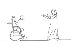 dessin d'une seule ligne joyeux jeune arabe handicapé en fauteuil roulant jouant au basket-ball. concept de sports adaptés pour les personnes handicapées. illustration vectorielle graphique de conception de dessin en ligne continue vecteur