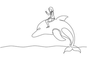 une seule ligne dessinant une femme d'affaires chevauchant un dauphin symbole de réussite. concept de métaphore d'entreprise, en regardant l'objectif, la réalisation, le leadership. illustration vectorielle graphique de conception de dessin en ligne continue vecteur